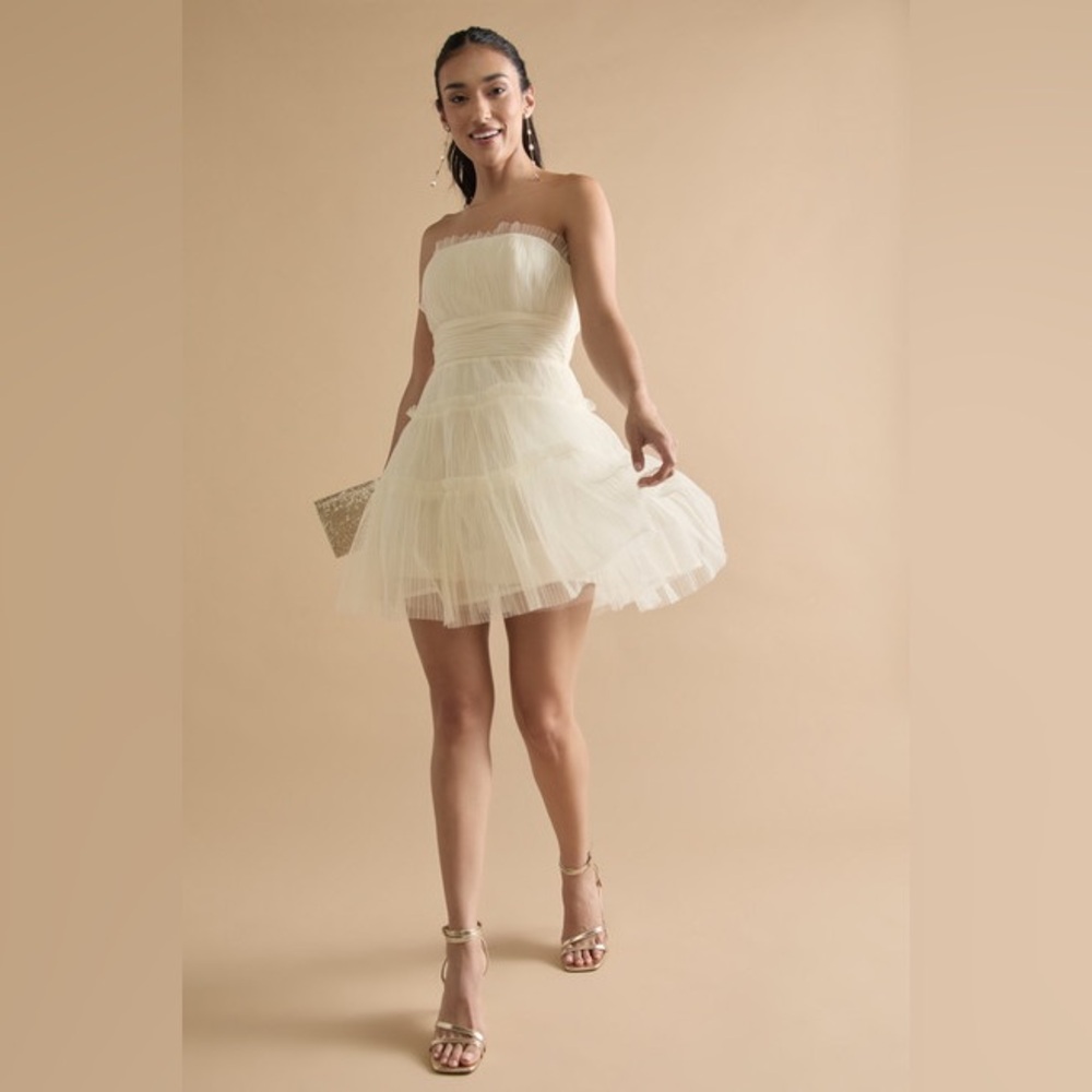 Enna Strapless Cream Tulle Mini Dress